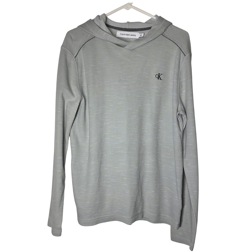 Calvin Klein Jeans Mens Waffle Knit Hoodie Grey Thermal Shirt Medium Logo